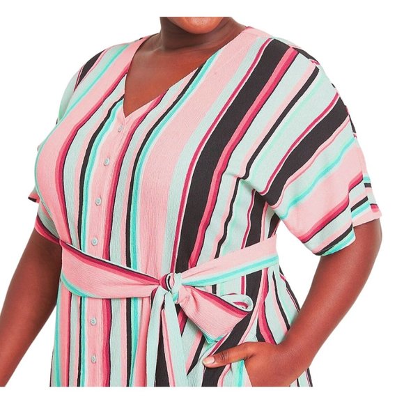 Size 14/16 1X FIJI STRIPED MIDI DRESS W/TIE + POCKETS Duster Spring Summer PLUS - Picture 2 of 7